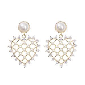 New 18k Gold Over Silver Cultured Pearl Lattice Heart Drops